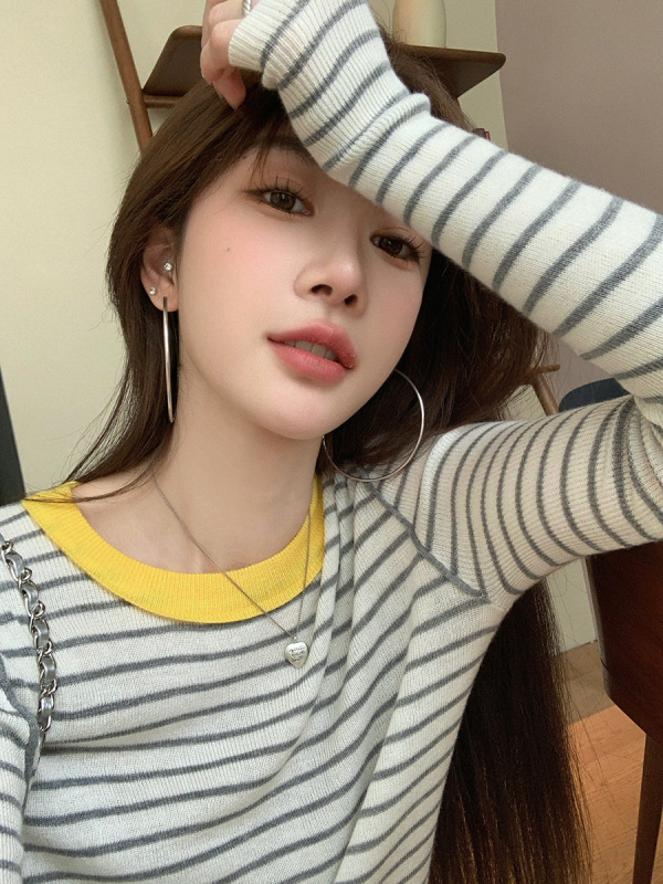 张贝贝ibell经典复古拼色领口针织衫女蚕丝+绵羊毛圆领条纹长袖T|undefined