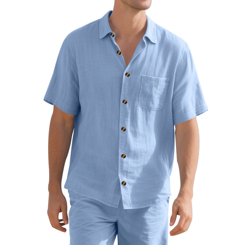Transfronterizos Amazon hombre verano sólido con lazo de cuello corto Cardigan de manga corta camisa de vacaciones Casual comercio exterior hombre