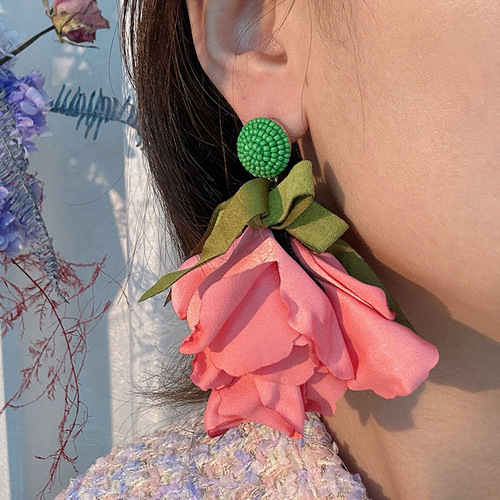 Original design fabric bow flower earrings European and American fashion exaggerated holiday style long bridal earrings wholesale