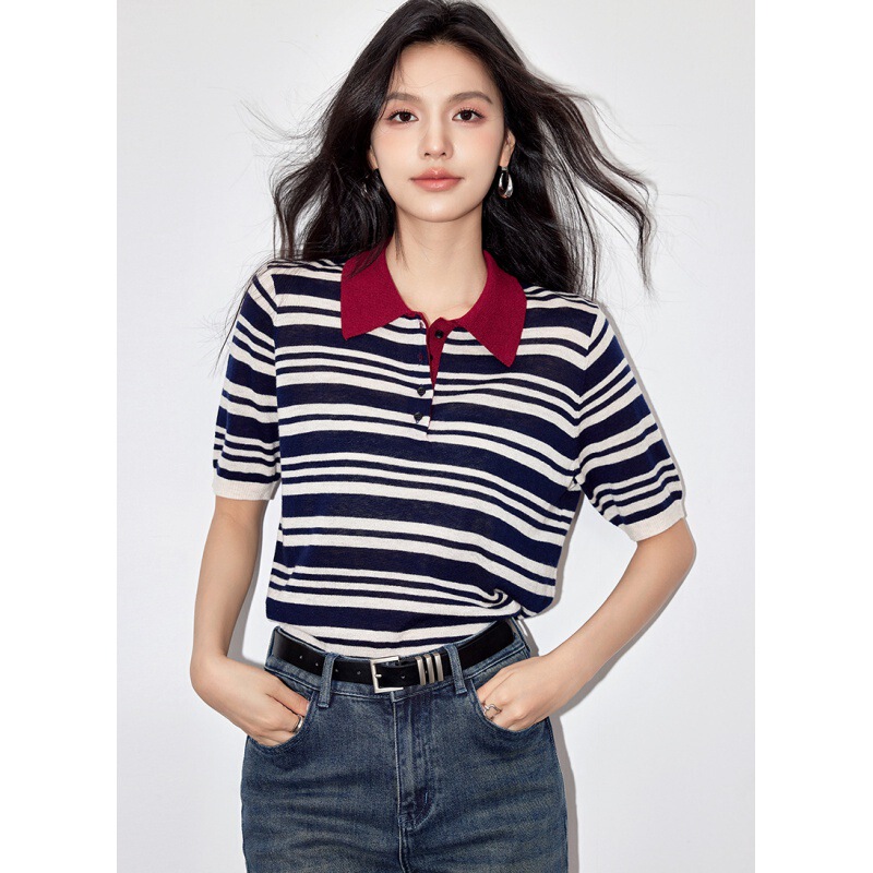 Real Shot of 2025 New Summer Classic Polo Collar Contrasting Color Knitwear Korean Casual Stripesd Short-Sleeved Top for Women