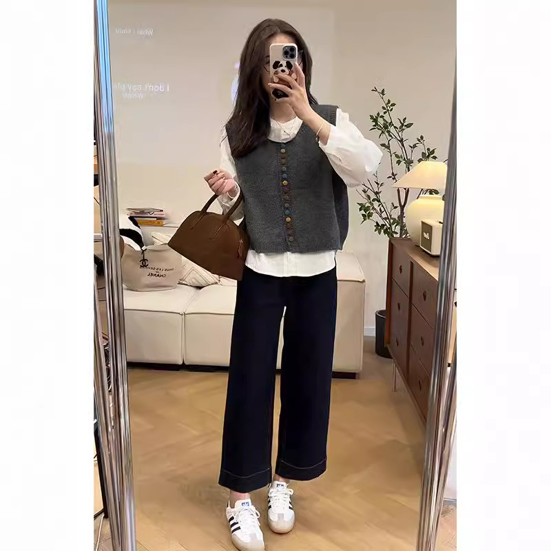 Autumn outfit with a set of Korean style versatile long sleeve casual shirt knitted waistcoat high waist slim casual pants suit
