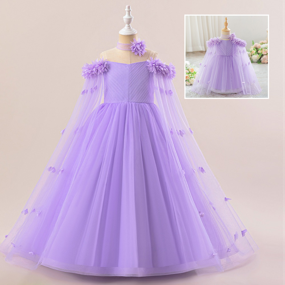 Vestido infantil decal de malla vestido de princesa chalelas de hombro para niños vestidos de alta gama logotipo de certificación transfronteriza