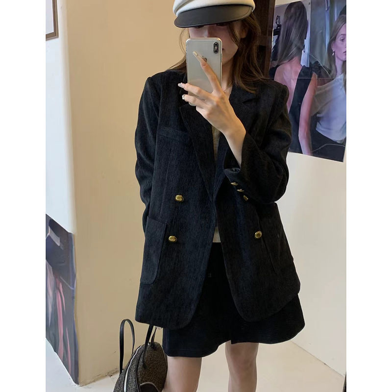 法式灯芯绒双排扣夹棉西装外套女2025秋冬新款宽松显瘦小西服上衣|undefined
