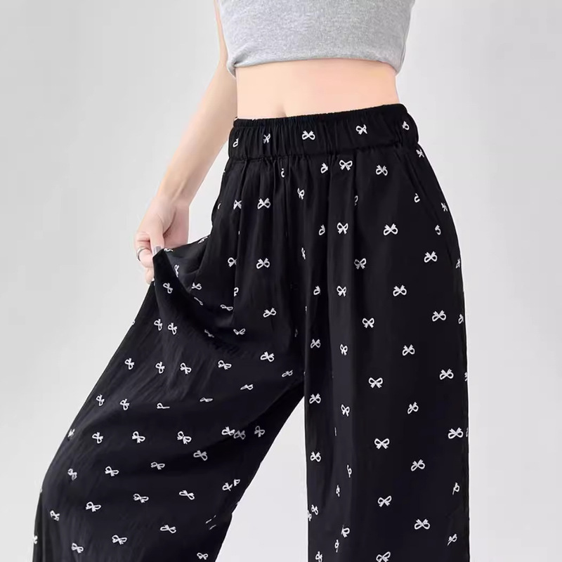 Lazy Style Bow Printed Wide Leg Pants Women's Summer New Ice Silk Straight Pants Small Casual Cropped Pants
