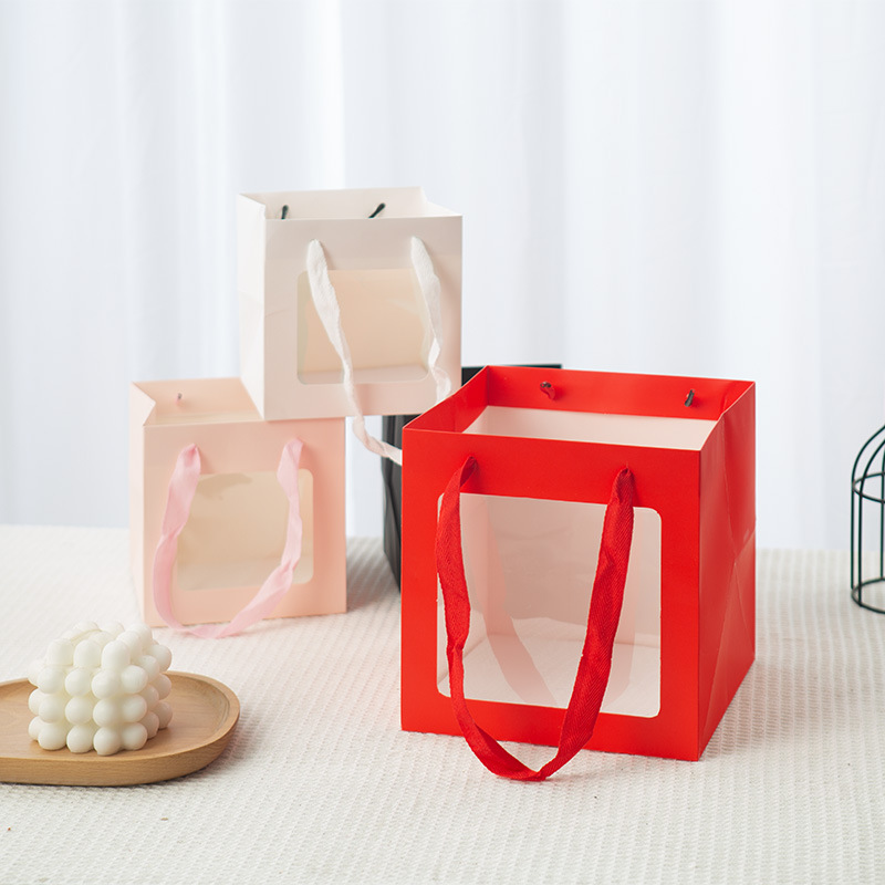 现货教师节正方形礼品袋鲜花婚庆加厚宽底手提袋透明开窗礼物袋