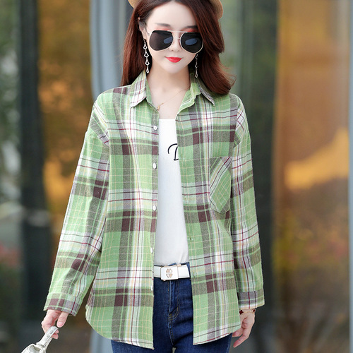 Spring and Autumn New Style Shirt Women's Long Sleeve Plaid Casual All-match Shirt Women's Slim Plaid Women's Clothing Wholesale