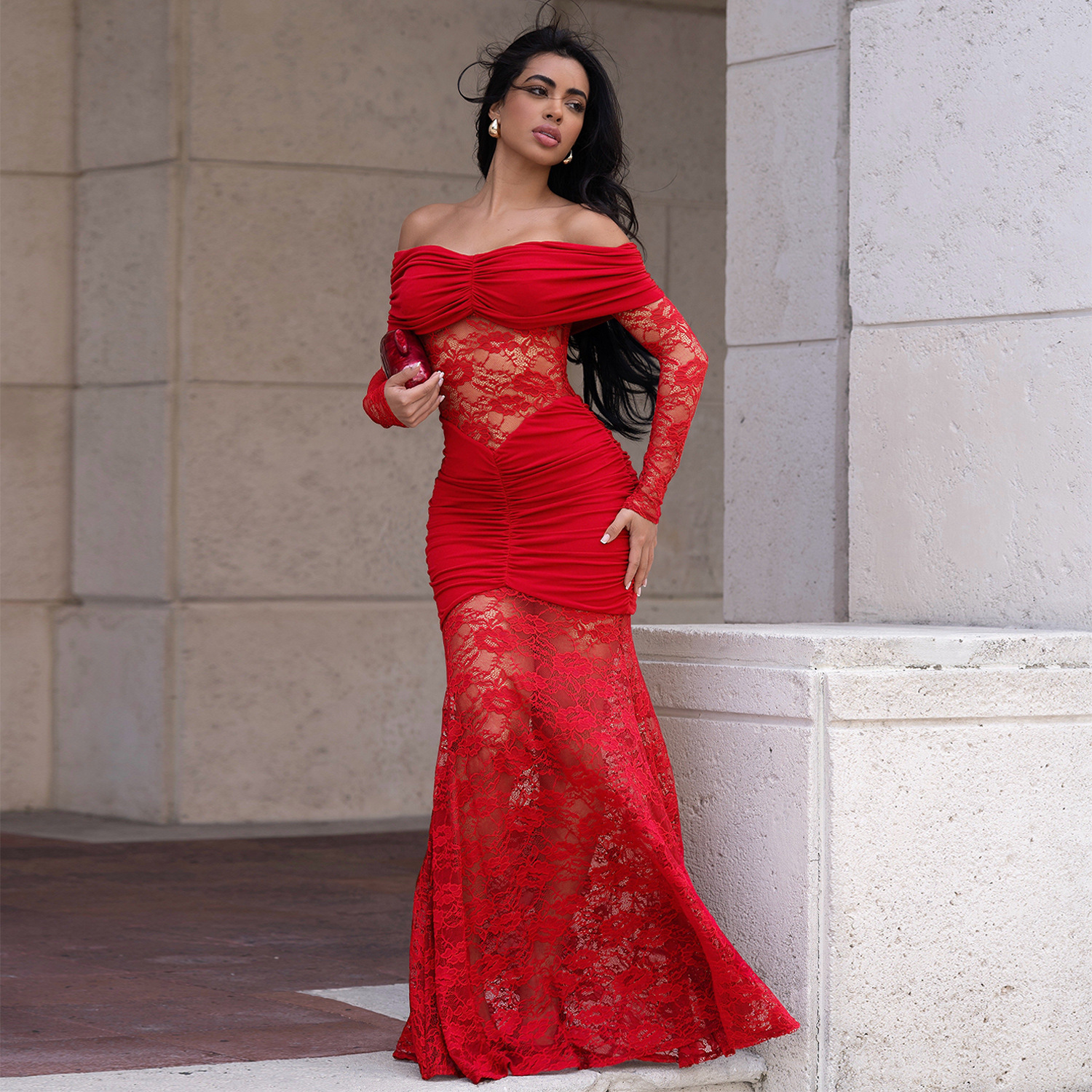 C7620 Aliexpress transfronterizo amazon ropa de moda europea y americana sexy de hombro de encaje vestido de cadera