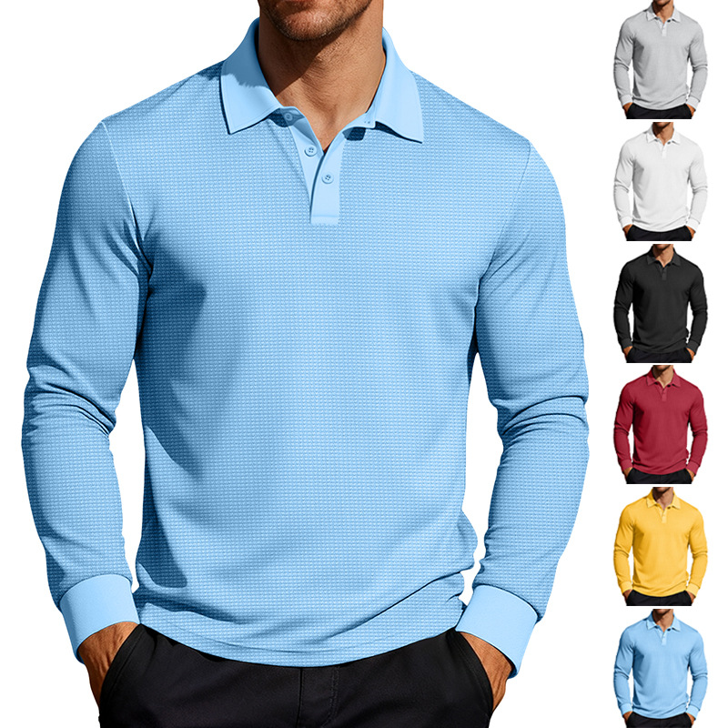 26 comercio exterior transfronterizo amazónico hombre waffle botón de solapa solapa manga larga polo camiseta de vacaciones casuales