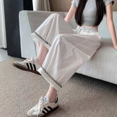 2025 春夏新作薄い弾性ウエスト巾着パンツ刺繍ワイドレッグパンツ多用途ルーズパンツトレンディなブランド