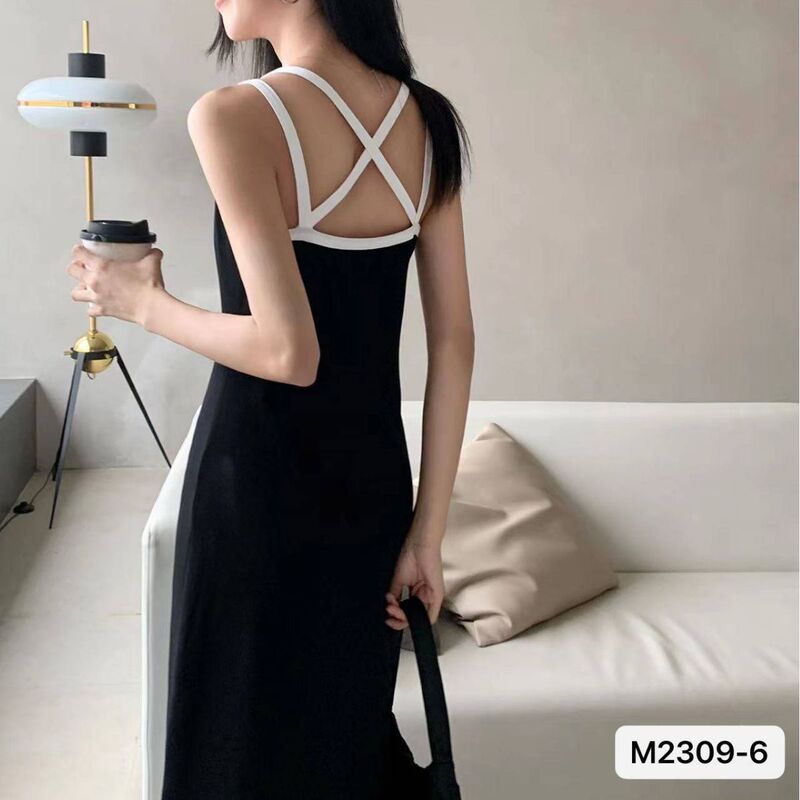Black strap dress women's summer new backless hot girl long French tea break skirt waist-tight A- line skirt