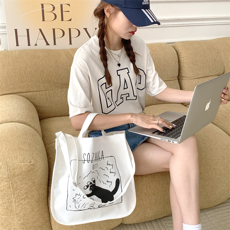 37271 Japanese cartoon canvas bag, women's printed crossbody bag, tote bag, large-capacity student class bag, handbag undefined