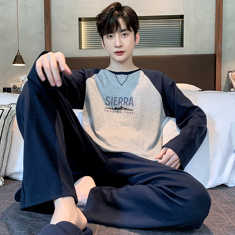 Pajamas Men's Spring and Autumn Round Neck Long-Sleeved Youth Casual Outer-Wearing Home Clothes Autumn Loose plus size suit