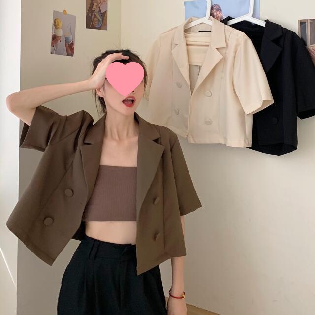Summer Korean Style New Style Loose Outer Short Double-Breasted Suit Collar Thin Short-Sleeved Jacket Top Women's Clothing