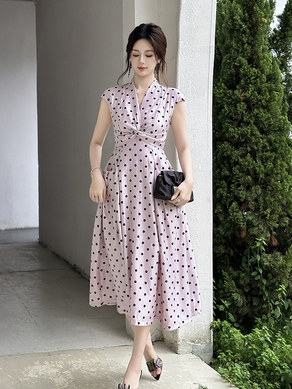 2025夏季新款女装法式V领波点连衣裙收腰大摆气质显瘦长裙9106|undefined