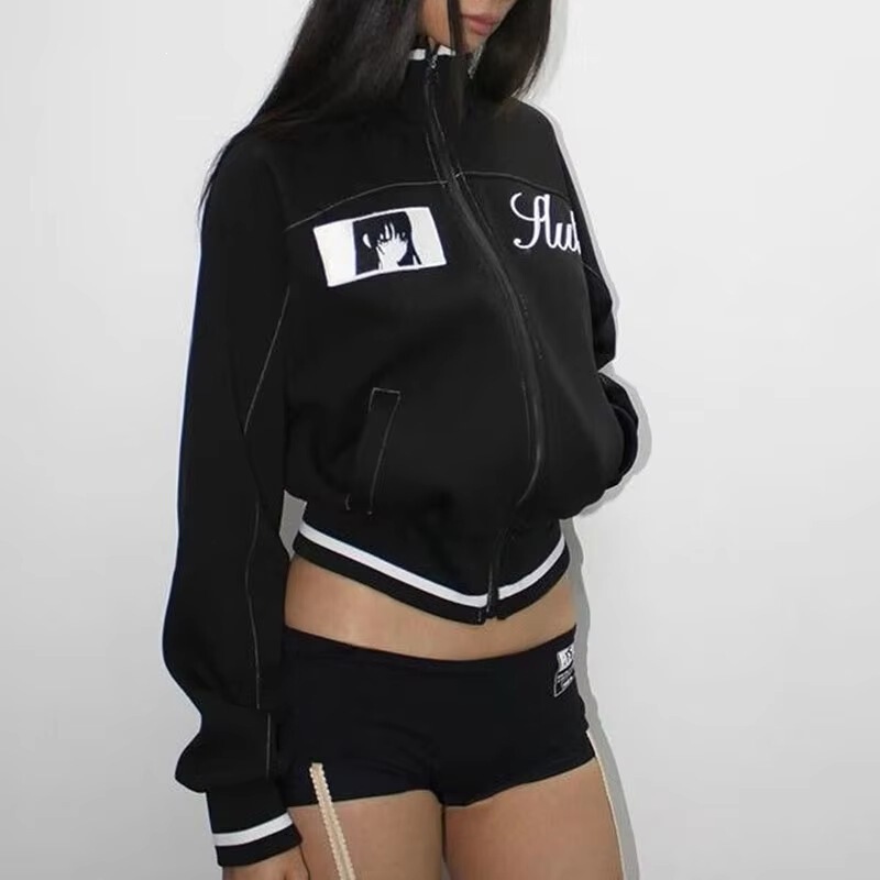 Subculture Anime Cartoon Kawaii Girl Street Style Short Baseball Jacket Zip-Up Cardigan Long-Sleeve Personalized Jacket Autumn Subculture Anime Cartoon Kawaii Girl Street Style Short Baseball Jacket Zip-Up Cardigan Long-Sleeve Personalized Jacket Autumn