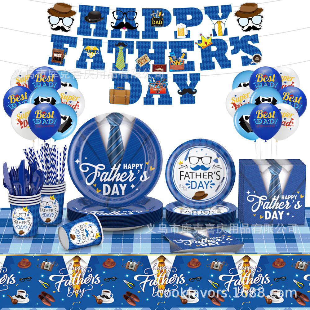 Día del padre transfronterizo a cuadros azules bandeja de papel desechable bandeja de papel toalla de papel vajilla juego de decoración de fiesta del día del padre
