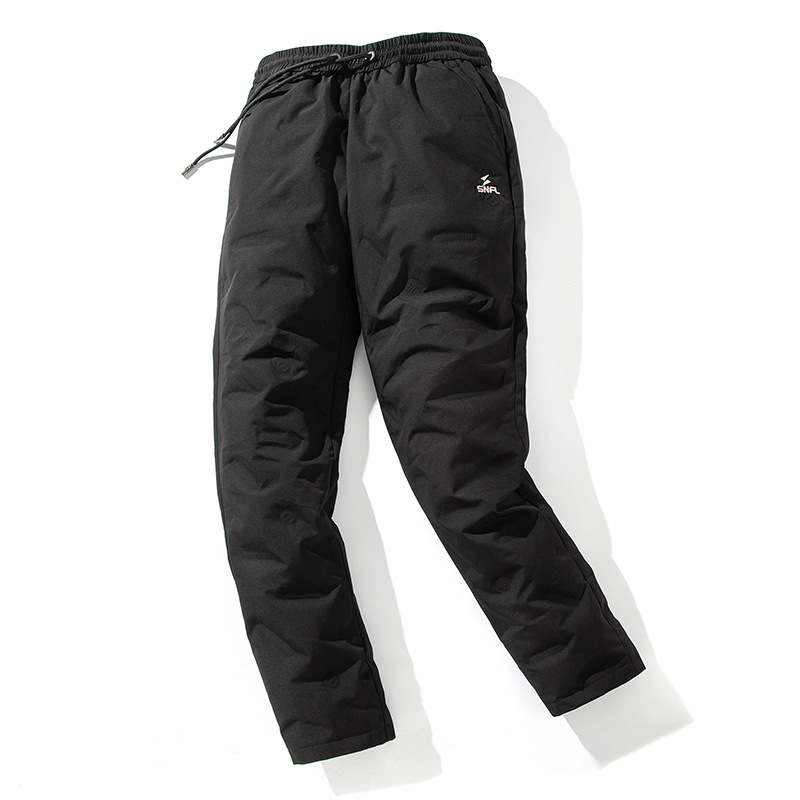 Casual down-filled trousers, classic, versatile, lightweight, warm, with slanted pockets and letter print design, suitable for business professionals.