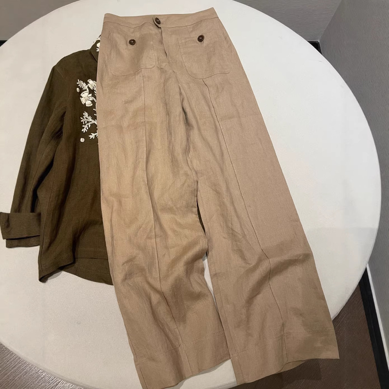 2026 Spring and Autumn New Japanese Retro Style Khaki High-Waisted Pocket Decorated Mid-Seam Loose Lightweight Straight-Leg Pants