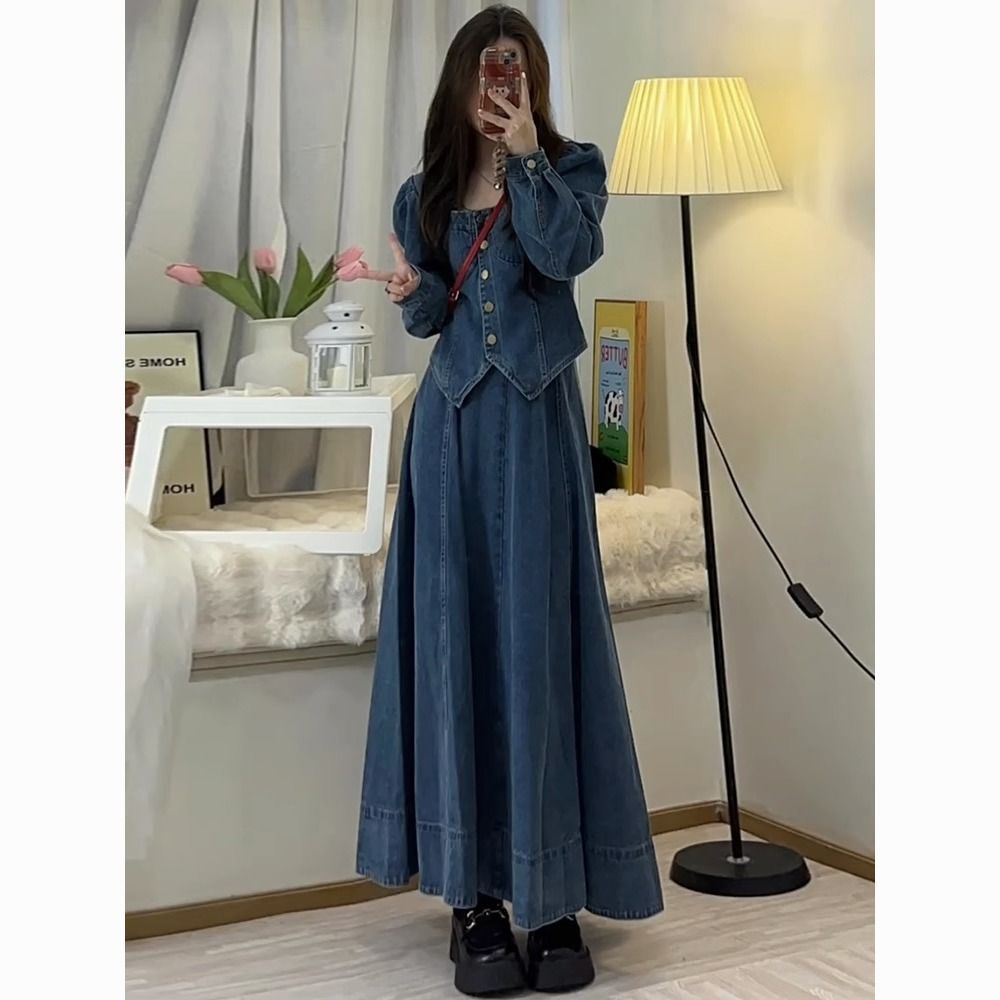 春季新款感方领牛仔外套女复古女神范半身裙子两件套装女