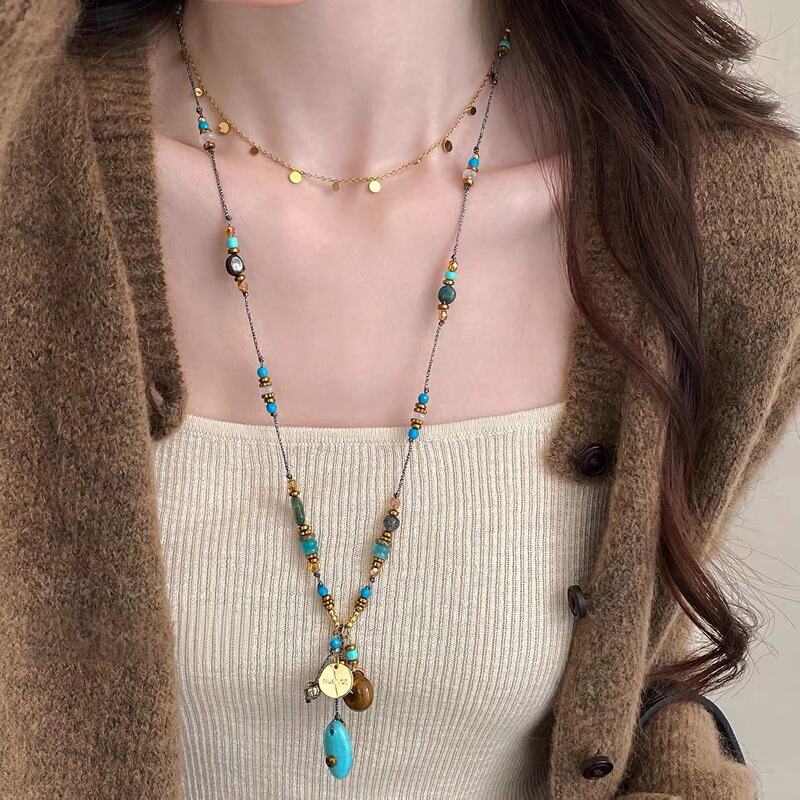 Vintage Turquoise Beaded Layered Necklace for Women, New Chinese Ethnic Style Long Clavicle Chain, Light Luxury High-End Accessory Vintage Turquoise Beaded Layered Necklace for Women, New Chinese Ethnic Style Long Clavicle Chain, Light Luxury High-End Accessory