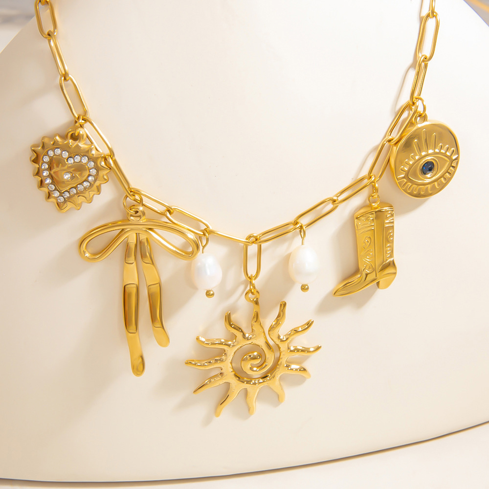 Multi Charms Necklace Classification 304 Stainless Steel Chain Material PVD Coated Real Gold Plated 18K Gold Sun Heart Shape Bow Knot 304 Stainless Steel Elegant Streetwear Waterproof Non Tarnish 304 Stainless Steel Multi Charms Necklace