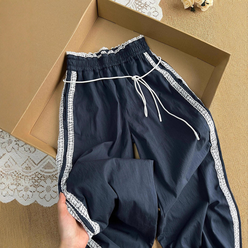 Korean Style Striped Lace Wide-Leg Pants for Women, Autumn New Elastic Waist Harajuku Style Casual Straight Long Pants