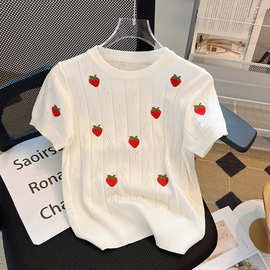 夏季草莓刺绣花镂空白色针织衫短袖女薄款小香风上衣设计感小众