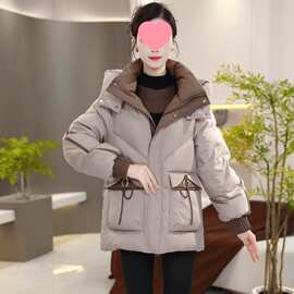 翻领连帽纯色气质保暖时尚加厚宽松2025年格子羽绒服女