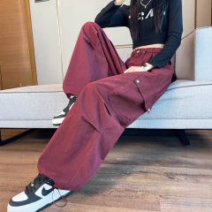 安可拉红工装裤女春秋2025新款高腰显瘦休闲宽松抽绳运动阔腿裤潮