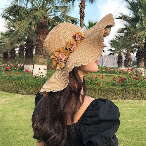 Straw hat female college style young people anti-UV sun protection hat slim and cute new three flower sunshade sun hat