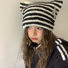 毛球款ins小恶魔条纹针织毛线帽朋克风猫耳朵可爱尖尖帽卷边冷帽