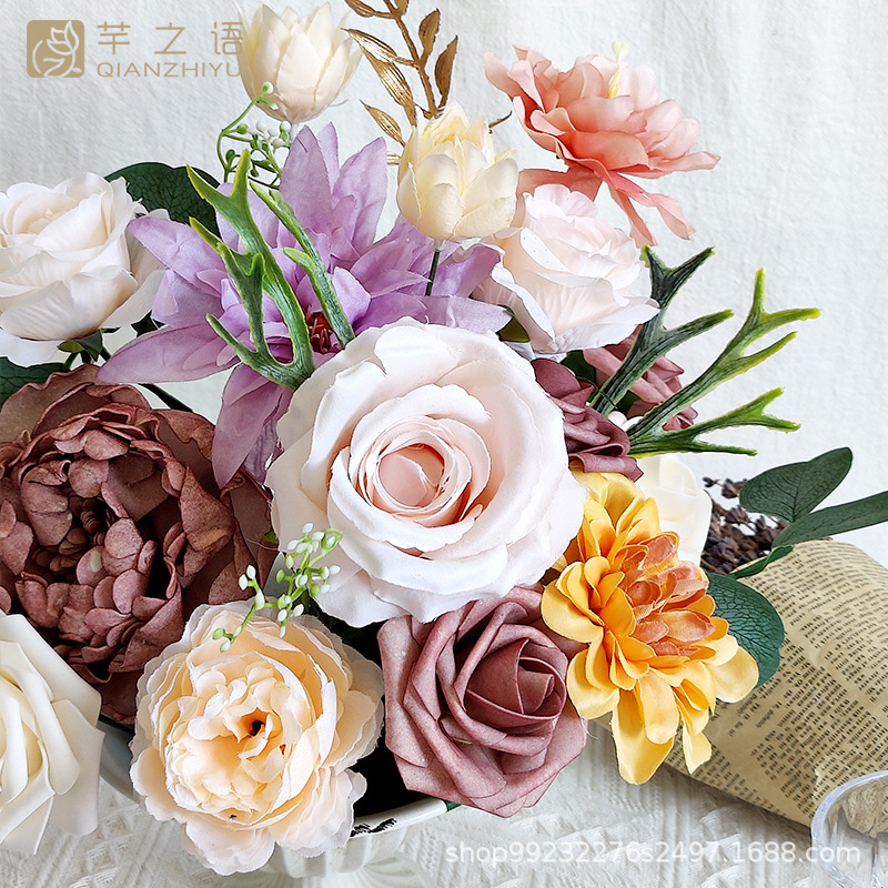 跨境出口手工制品玫瑰仿真绢花花盒婚礼庆典DIY手捧花篮礼盒插花