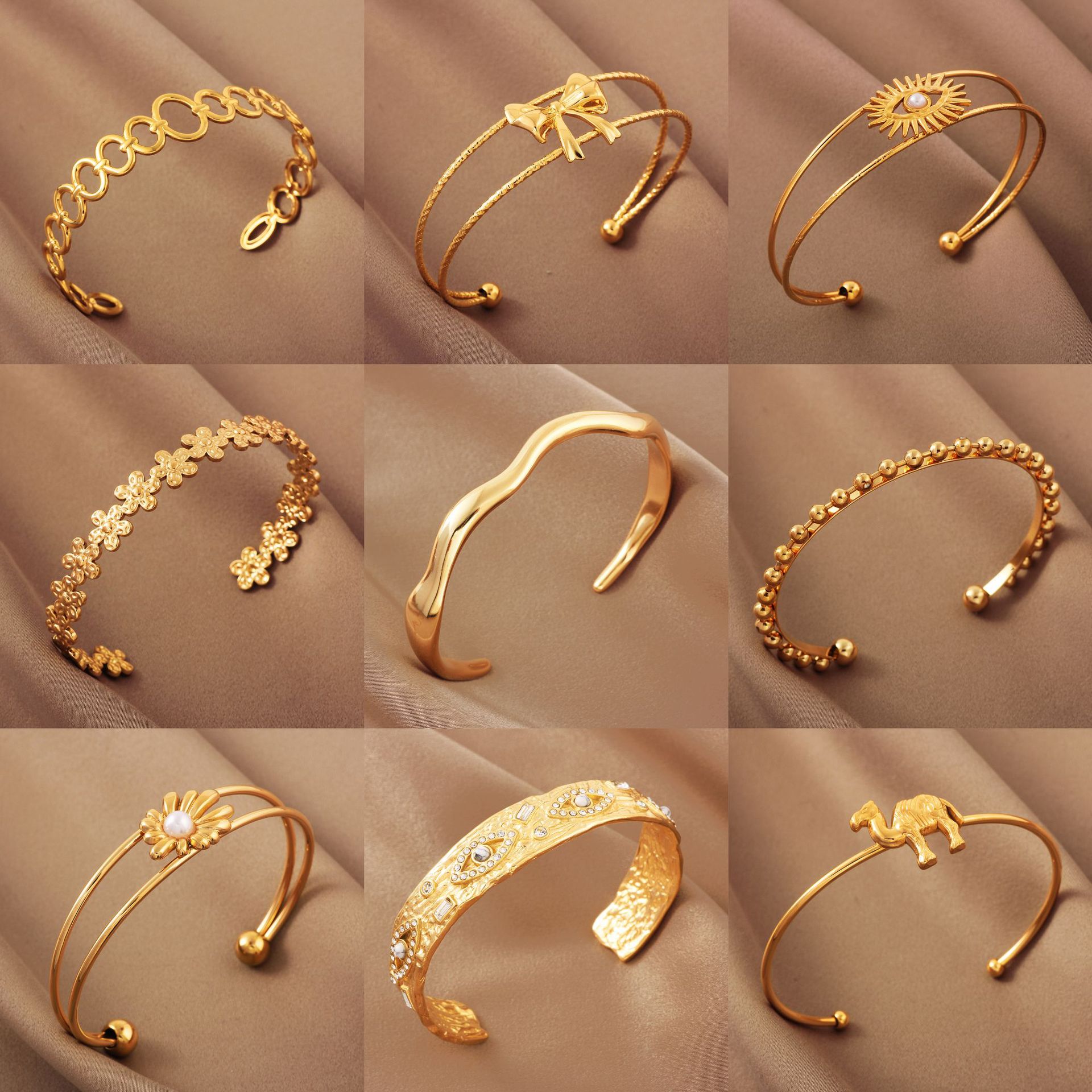Cross-Border European and American Style Exaggerated Open Adjustable Bracelet, Non-Fading 18K Gold Stainless Steel Women's High-End Hollow Bracelet