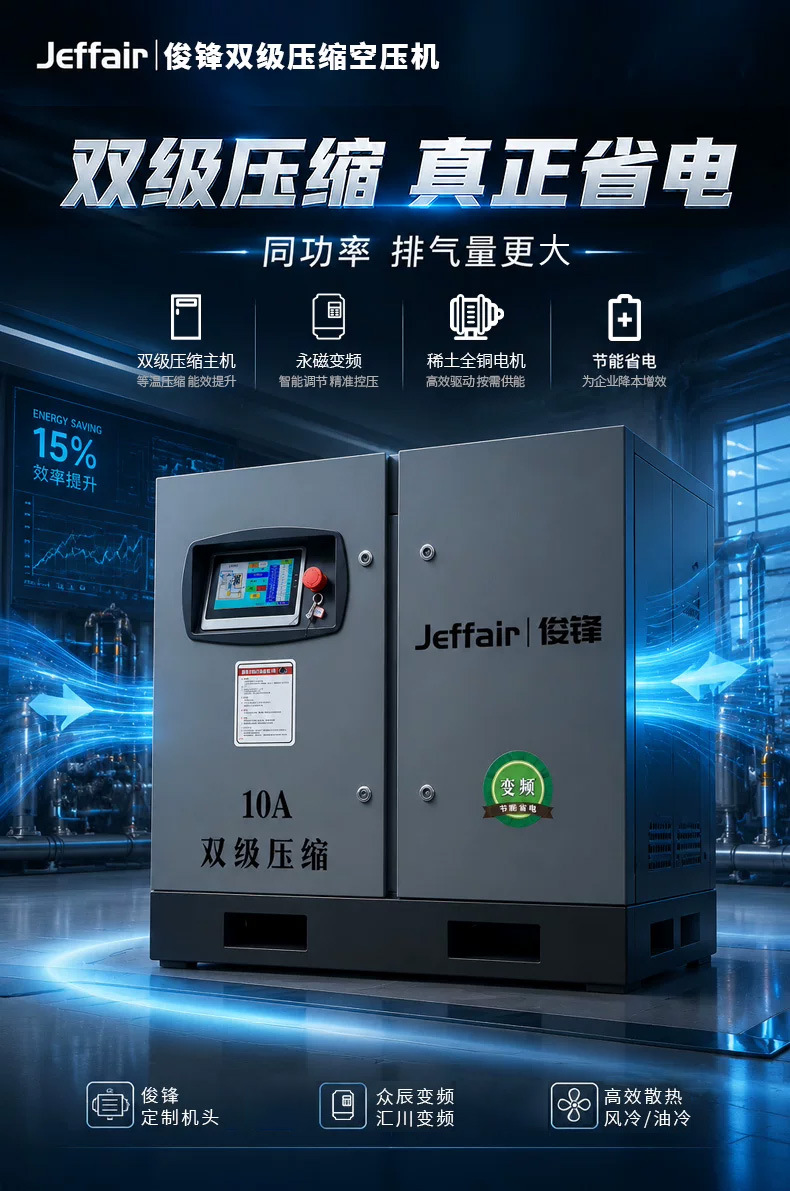Junfeng dual-stage compressor is energy-saving, power-efficient, stable and durable, 7.5KW variable frequency screw air compressor