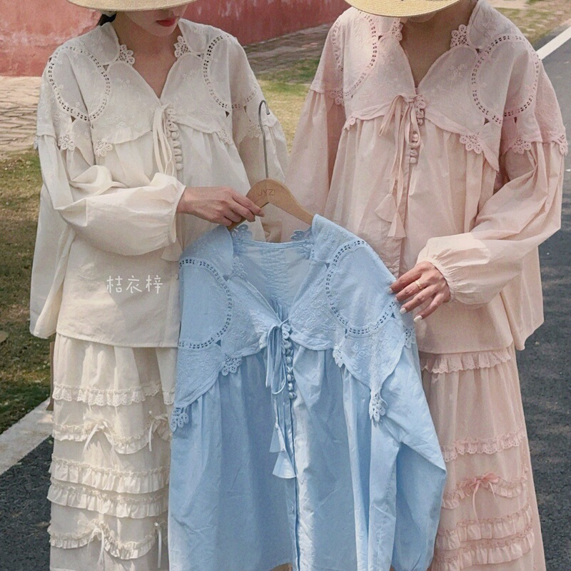 Fresh and Sweet Tassel Tie V-Neck Short-Sleeve Shirt for Girls, Japanese Style Loose Slimming Lace Doll Shirt Top Fresh and Sweet Tassel Tie V-Neck Short-Sleeve Shirt for Girls, Japanese Style Loose Slimming Lace Doll Shirt Top