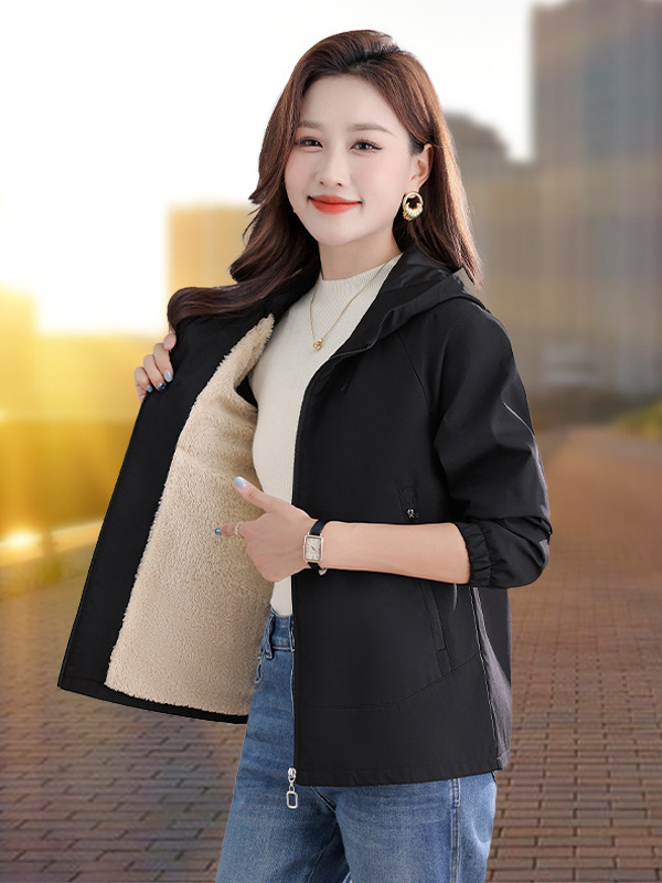 春秋夹克外套女士2025新款爆款加绒加厚妈妈休闲短款风衣连帽上衣|undefined