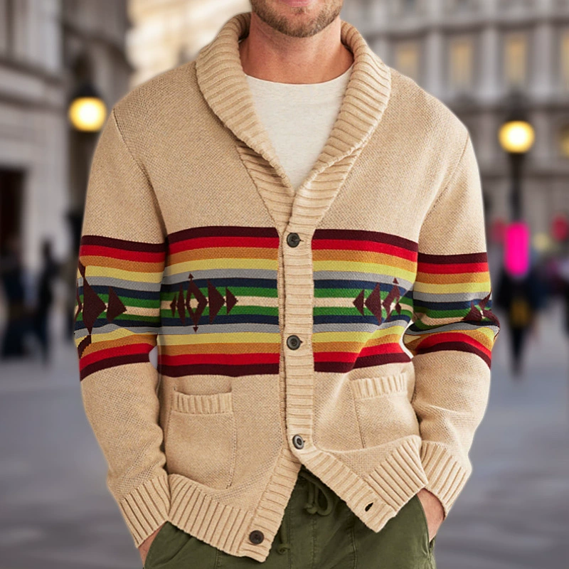 Европейская и американская экспортная мужская одежда, новая осенне-зимняя полосатая жаккардовая кофта-кардиган, утолщенное шерстяное пальто с отложным воротником SY0202