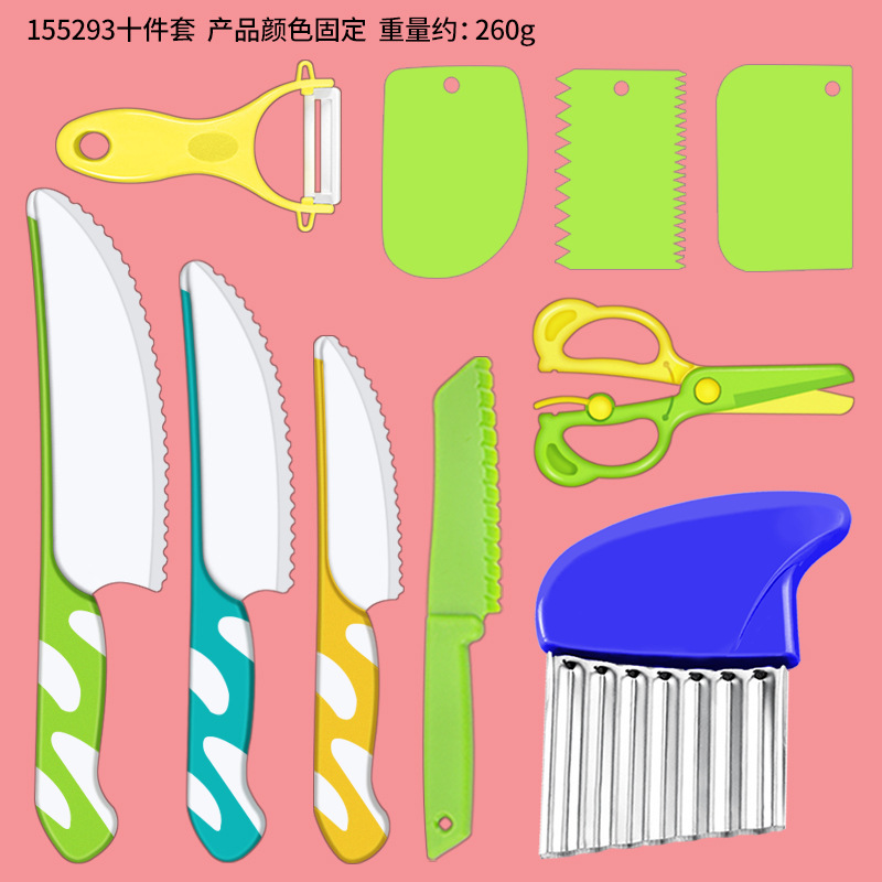 155293A형 녹색, 파란색, 노란색 칼 + 진한 파란색 감자 절단기 + 납작한 녹색 + 노란색 껍질 벗기기 칼 + 녹색과 연한 노란색 가위 + 녹색 면 절단기 10종 세트