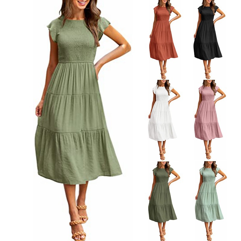 Cross-border Women's Amazon Hot Product Feifei Sleeves Pleated Layered Short-sleeved Large Swing Dress