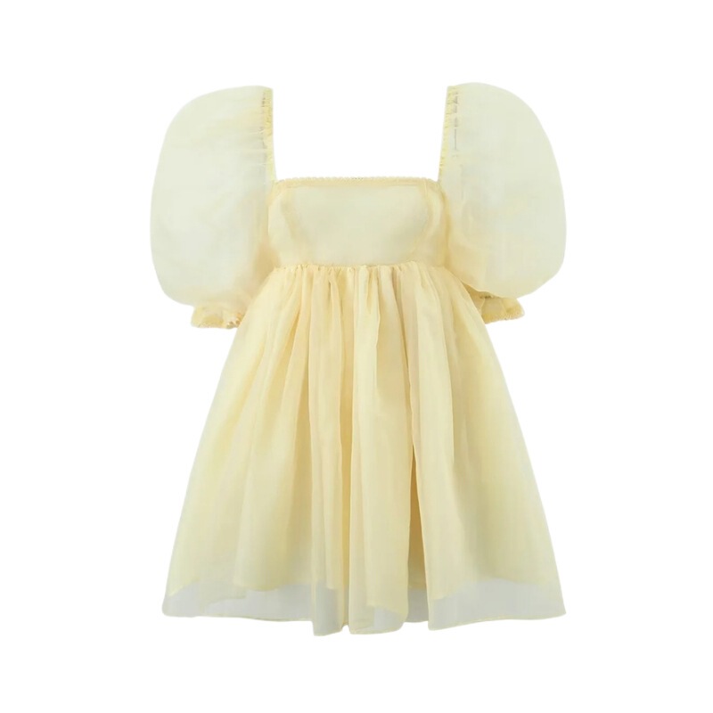 Retro Square Collar Sweet Puff Sleeve Dress Girl's Fresh Pleated High Waist Three-Layer Puff Organza Short Dress