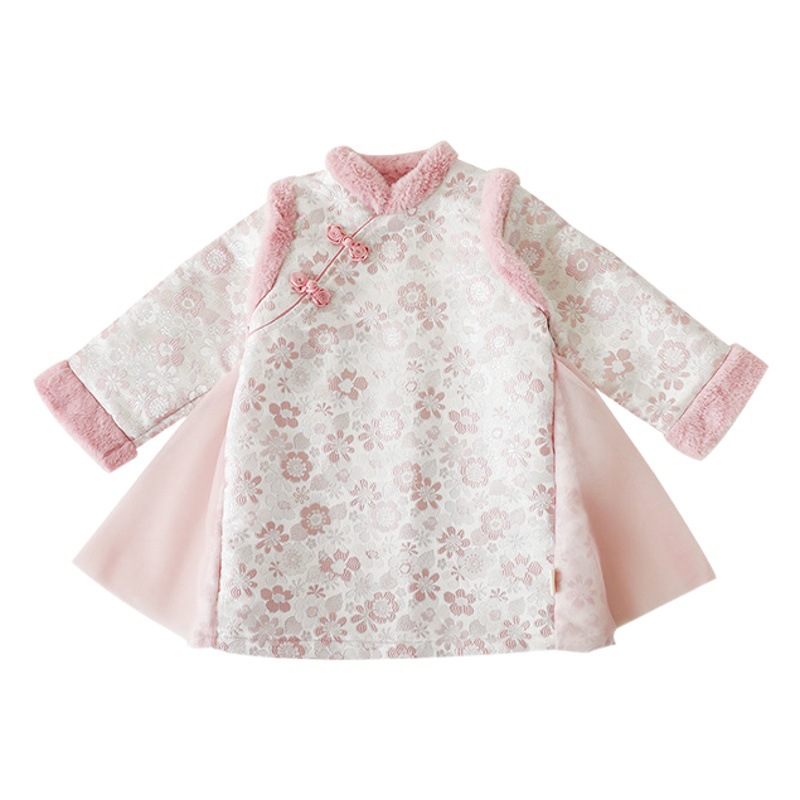 Vestido Cheongsam de Estilo Chino para Niñas, Cálido para Otoño e Invierno 2025, Falda Gruesa con Forro Polar y Estampado Jacquard Completo para Niñas.