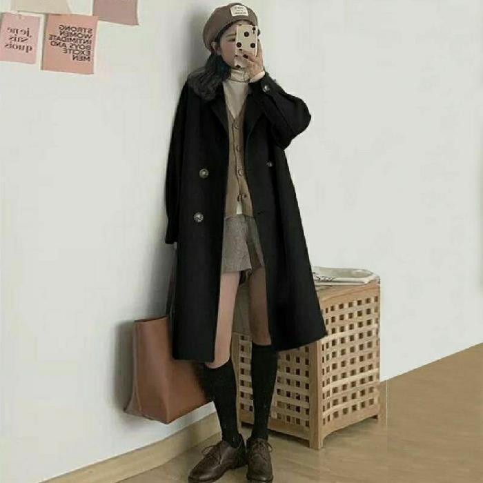 Wollmantel Damen Mittellang Klein Frühling und Herbst Neuer Hepburn-Stil Koreanischer Lockerer Beliebter Wollmantel Strickjacke_voghion.com