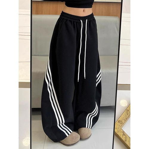 Large size 300kg, American retro striped machete wide-leg pants, women's spring and summer thin loose all-matching casual sweatpants