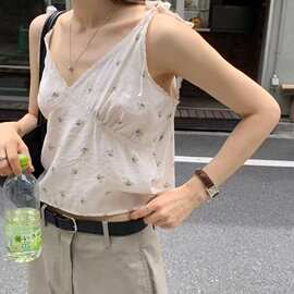 韩国东大门ins风洋气减龄甜美V领碎花蕾丝花边绑带吊带背心女