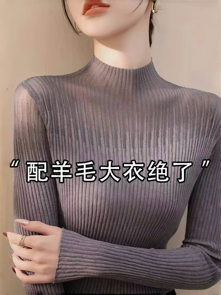 Полувысокий воротник вязаный свитер с длинными рукавами женский осень-зима 2024 новый маленький свитер тонкая внутренняя свитер кружевная нижняя рубашка