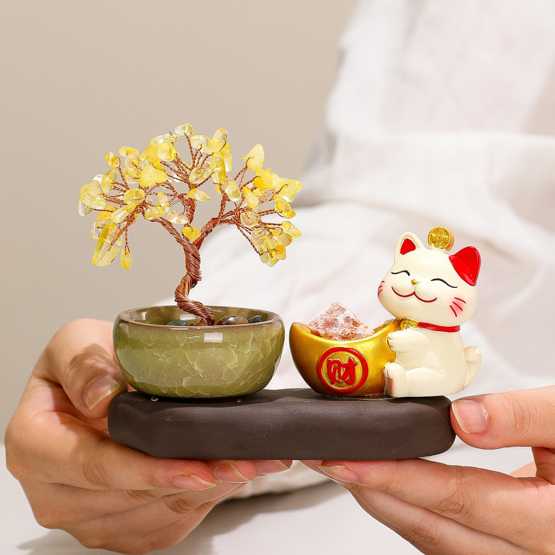 新款招财猫天然水晶原石黄水晶发财紫水晶摇钱树入户玄关好运摆件|undefined