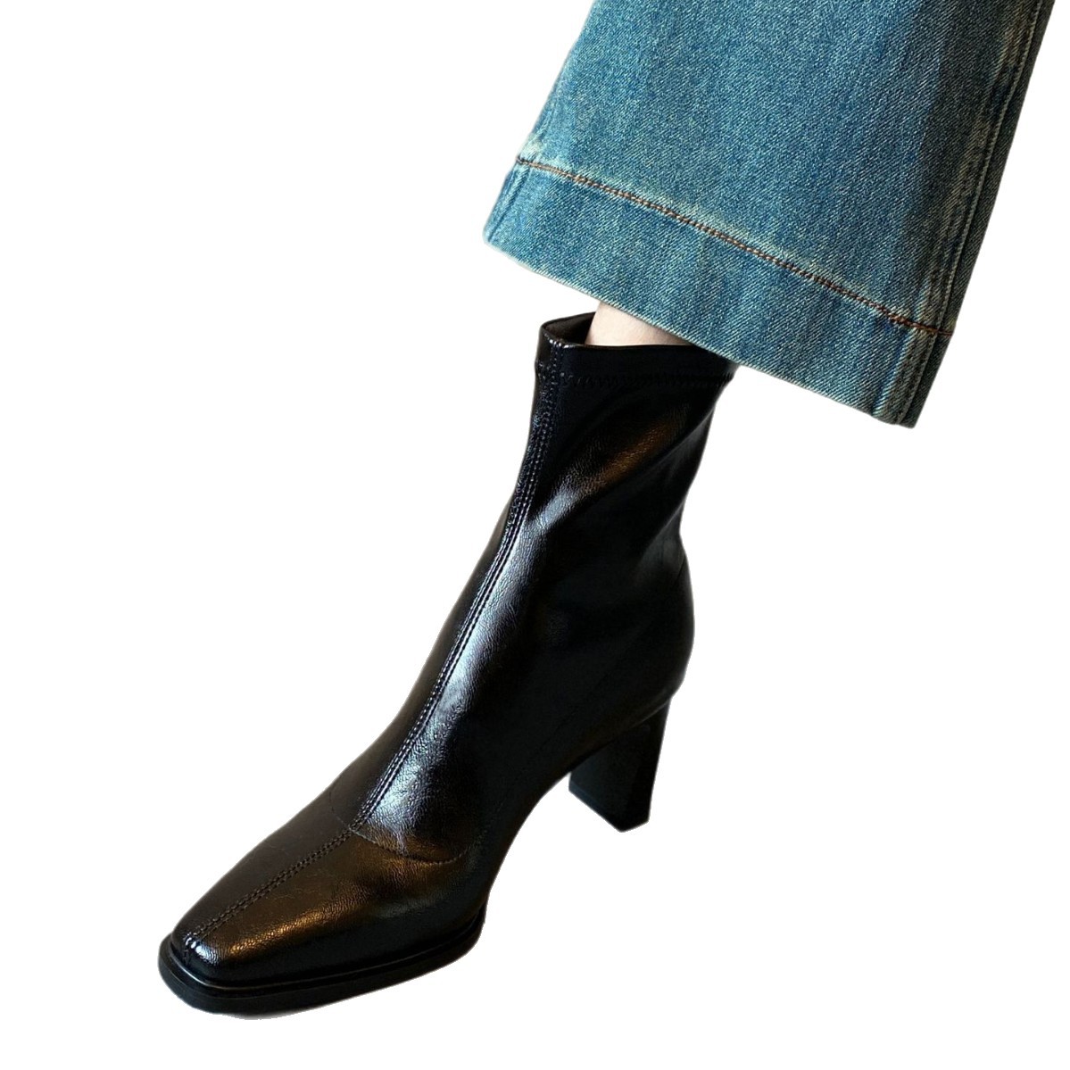 Stivali da pendolarismo eleganti, eleganti, morbidi, con tacco alto, alla caviglia, in pelle di vacchetta, con punta affilata, elasticizzati, autunno_voghion.com