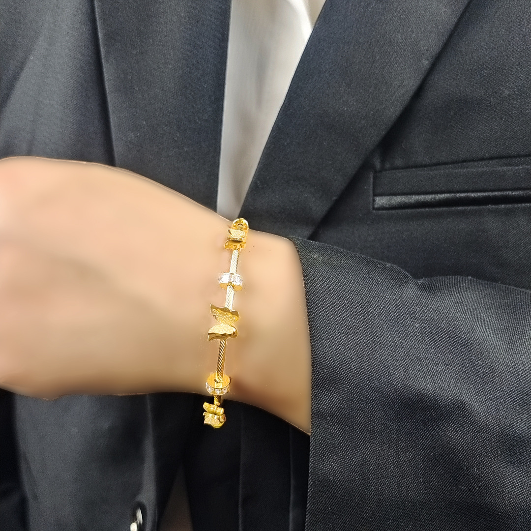 Simple Style Leaf Snake Butterfly Stainless Steel Plating Shell Zircon Bangle 1 Piece