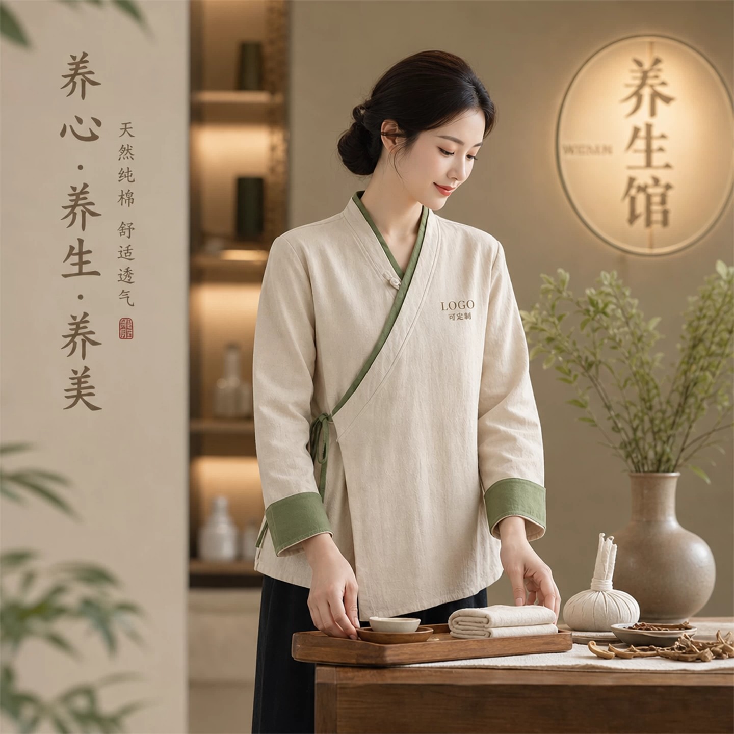 中医养生馆工作服棉麻风斜襟系带汉服艾炙理疗推拿师服可定logo