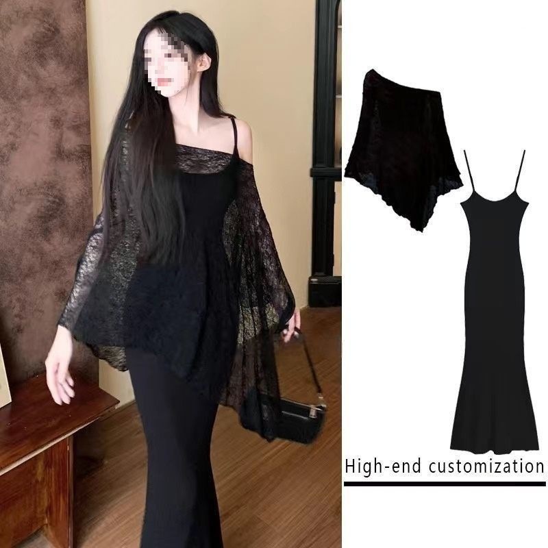 甜辣风吊带连衣裙套装女秋夏秋季防晒披肩斗篷罩衫辣妹显瘦鱼尾裙